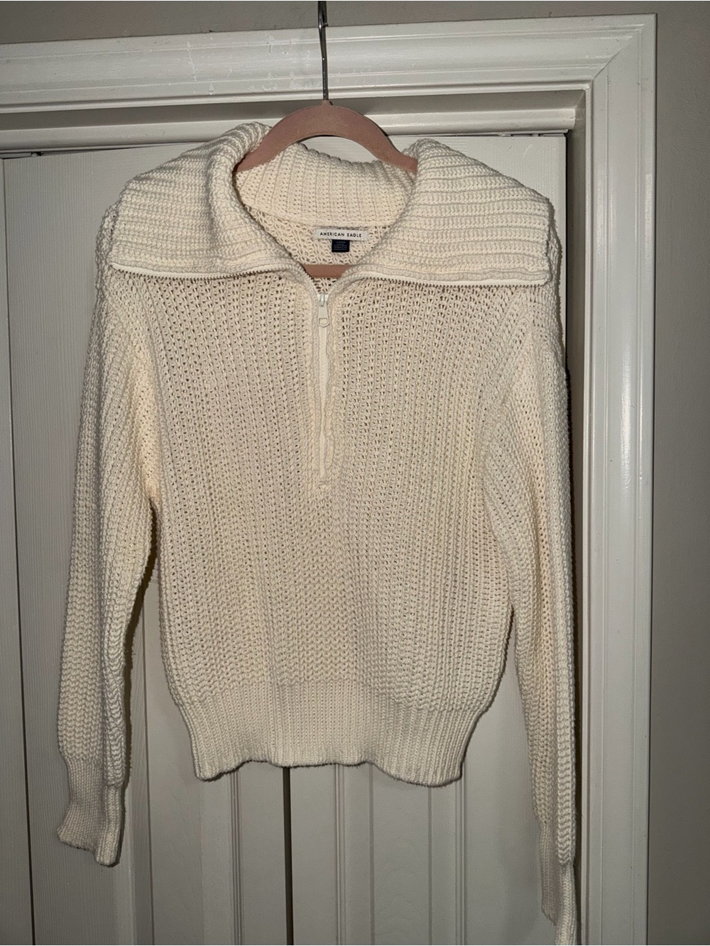 American Eagle Outfitters Ivory Zip-Front Cowl Knit Sweater